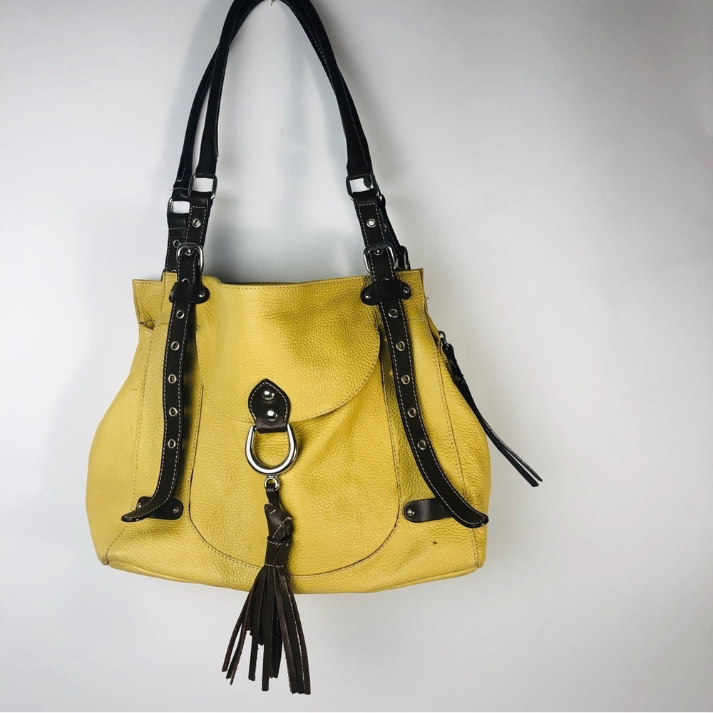 CAVALCANTI - Yellow Leather Bag with Brown Strap Medium Size Purse / Bag